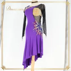 社交ダンス 衣装 ラテン ドレス ワンピース ラテンドレス 紫 ゴールド 長袖 パープル系 デモ 競技 フェスティバル 豪華 おしゃれ ショート丈 競技用 ダンスパフォーマンス 発表会 パーティ ステージ 衣装 演出用 ストレッチ シンプル