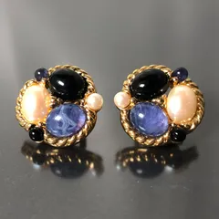 MONET モネ イヤリング ゴールドカラー マルチカラー 総重量約16g 丸 カボションカット クリップ式 大ぶり 青 ブルー 白 ホワイト レディースアクセサリー■S108