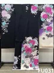 振袖 仮絵羽 銀通し 刺繍 銀彩 紋意匠 牡丹 大輪 正絹 未仕立て品 八掛付き FU031