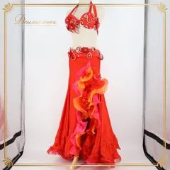 ベリーダンス オリエンタル 衣装 上下セット レッド系 花 スパンコール ビーズ フリル トップス スカート ベルト 花 煌びやか スリット 装飾 豪華 華やか 上品 ダンス衣装 舞台 ボリューム キラキラ ゴージャス オレンジ系 ピンク系