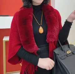 【レッド】ファー ポンチョ ケープ レディース ファー付き ケープコート 冬 厚手 防寒 おしゃれ 上品 体型カバー 通勤 通学 大人女子 アウター