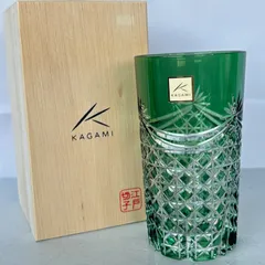 美品 KAGAMI CRYSTAL カガミ クリスタル 江戸切子 ロックグラス タンブラー 幕襞に四角籠目紋 緑
