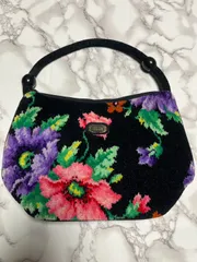 【良品】 フェイラー FEILER ハンドバッグ フラワー柄 黒 横22cm 高さ19.5cm 奥行10cm