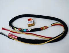 帯締め 正絹 丸ぐけ 刺繍 花柄 中綿入り 豪華金糸入 黒色 振袖 浴衣 NO42836