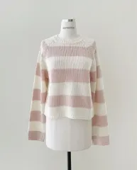 新品 レディース ボーダー柄 プルオーバー ニット ベビーピンク