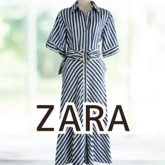 UESD ZARA ストライプリネンシャツワンピース 青白ストライプカラー ＸＳサイズ 五分袖 レディース ザラ