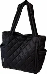 Electric Circus キルティング トートバッグ ファスナー付き 軽いバッグ 肩掛け ショルダーバッグ 通勤 通学 旅行 出張 (ブラック,  縦32cm x 横38cm x マチ12cm、持ち手30cm)