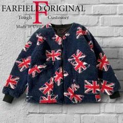 ファーフィールド オリジナル 英国製 24AW オーバーシルエット ジャガード織 ユニオンジャック 総柄 ダブルジップ Vネック ボアフリースジャケット カーディガン 2403 定価2.7万 ネイビー ▲055▼41102w11