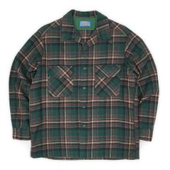 ペンドルトン PENDLETON 美品 70s 70年代 オープンカラー ウールシャツ ボードシャツ 開襟 MADE IN USA アメリカ製 ヴィンテージ 古着 メンズ シャツ グリーン系 チェック柄 L【中古】