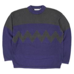 フェン・ライト&マンソン FENN WRIGHT & MANSON 90s 90年代 コットンニット クルーネック リブ無し カットソー型 ジグザグ USA ヴィンテージ アメリカ 古着 セーター ネイビー グレー XL【中古】