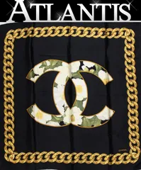 シャネル CHANEL ヴィンテージ 大判スカーフ ココマーク チェーン シルク100％ 黒 【72491】