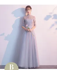 ★L グレー ブライズメイド ドレス ロングドレス ロング丈 演奏会 袖あり 編み上げタイプ パーティードレス 結婚式 演奏会用ドレス ドレス 大人 ピアノ 発表会 お呼ばれドレス da062g5