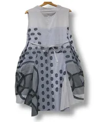 〇【未使用】【日本製】慈雨 ジウ JIU センソユニコ ノースリーブ ワンピース ウエスト紐 リボン 和柄ドット 切替デザイン グレー Lサイズ40■管理番号L29555SSA26-251124-1K（510）