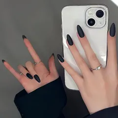 Liberte555 ネイルチップ 黒 つけ爪 ギャル 韓国 かわいい 地雷系 手作りブラック シンプル コギャル アーモンド (ブラック1,  ミディアム)