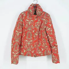 ヴィンテージ レディース 冬用 斜めボーダー ジップアップ 中軽量 ダウン ダウンジャケット コーラル (HU41596)