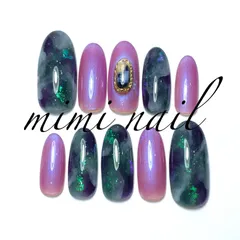 現品限りパープル＆グリーン天然石風ネイルチップ ハンドメイド ロング ジェルコート済