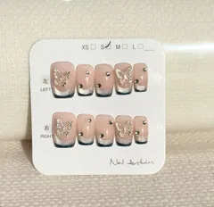 ネイルチップ　フレンチネイル　バタフライ装飾　ブルーフレンチ　ストーン装飾　ショートチップ　１０枚セット　春　ホワイトデー　卒業式　お花見　桜　プレゼント