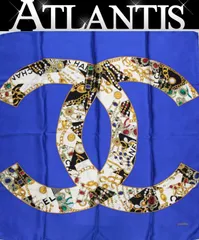 シャネル CHANEL ヴィンテージ 大判スカーフ ココマーク ジュエリー柄 シルク100％ 青 【72494】