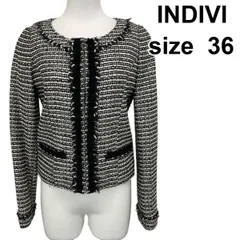 ◆ インディヴィ INDIVI ジャケット ノーカラーツイード 白 黒 毛 36 S レディース S5X533
