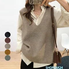 リブニットベスト レディース Vネック 重ね着 きれいめ ニットトップス 体型カバー 春秋 冬676
