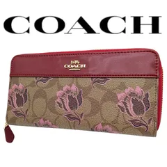 COACH　コーチ　長財布　シグネチャー　花柄　F76871　ラウンドファスナー　レッド　ボルドー