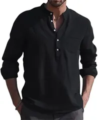 aspersio アスペルシオ バンドカラー 爽やか シャツ スタンドカラー お洒落 デザイン v系 オーバーサイズ トップス メンズ 開襟シャツ 長袖 ボタンダウン ファッションシャツ アメカジ (ペールブラック,  XL)