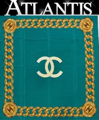 シャネル CHANEL ヴィンテージ 大判スカーフ ココマーク チェーン柄 シルク100％ グリーン 【72495】
