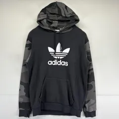 古着 アディダス adidas パーカー ロゴプリント 迷彩切り替え フーディー スポーツ トレフォイルロゴ M  グレー系 メンズ