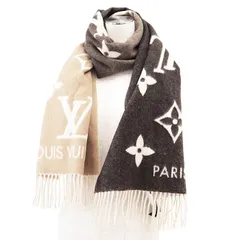 【極美品】LOUIS VUITTON ルイ・ヴィトン マフラー エシャルプ・レイキャビック グラディエント カシミヤ100% LV ジャイアントモノグラム ロゴ ダブルフェイス グラデーション ストール 箱付属 ユニセックス ブラウン アイボリー イタリア製