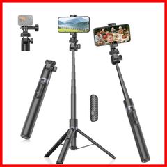 172cm Smartphone Tripod/Selfie Stick with Integrated Storage, Long, Lightweight, Compact Tabletop Tripod with Remote Control, Stable Smartphone Stand, Cold Shoe Compatible with iPhone, Android, and Action Cameras