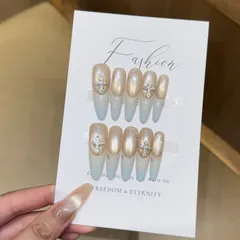 ネイルチップ　ロングネイル　フレンチネイル　十字架　グラデーション　フラッシュマグネット　ストーン装飾　１０枚セット　春　バレンタイン　ホワイトデー　卒業式　プレゼント