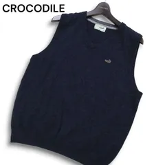 CROCODILE クロコダイル 秋冬 ワニ刺繍★ ウール Vネック ニット ベスト Sz.L メンズ 紺 ネイビー