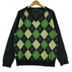 BEAMS HEART ビームスハート Vネック ウール100％ニット sizeM/ダークグレー×グリーン