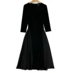 LAUREN RALPH LAUREN  ローレン ラルフ ローレン リボン付き シアー切替 フレア ドレスワンピース size6/ブラック