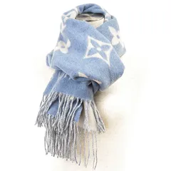 【美品】LOUIS VUITTON ルイ・ヴィトン マフラー エシャルプ・レイキャビック LV ジャイアントモノグラム ロゴ カシミヤ100% ダブルフェイス フリンジ メンズ レディース ユニセックス サックスブルー ライトグレー イギリス製 M75704