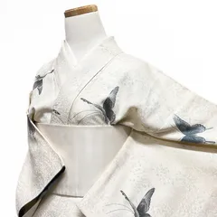 小紋　銀彩　蝶　抽象花模様　オフホワイト　着物　115b d ms