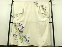 平和屋着物▽新田玉鳳　訪問着　単衣　生紬地　手描き　草花文　正絹　逸品　AABD6983jh