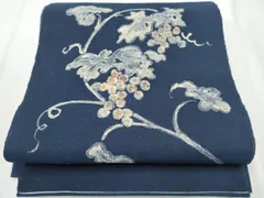平和屋着物●八寸名古屋帯　作家物　紬地　葡萄蔦の葉文　正絹　逸品　CABA4888hy