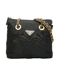 プラダ 三角ロゴプレート チェーン ショルダーバッグ ブラック ナイロン レザー レディース PRADA【1-0243505】