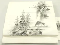 平和屋着物●塩瀬　九寸名古屋帯　作家物　手描き　紬地　風景鳥文　象牙色　正絹　逸品　DAAY0373ob