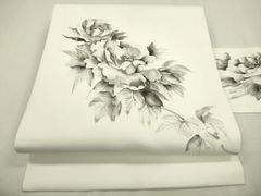 名古屋帯 正絹 塩瀬 手描友禅 オフホワイト 牡丹 中古 カジュアル