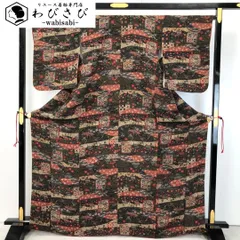 小紋 型染 風景花模様 焦茶色 縮緬 トールサイズ K-4855