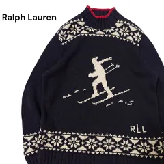 【80s】Ralph Lauren ラルフローレン スキー柄 コットンニット ブラック モックネック ノルディック ヴィンテージ リネン 古着