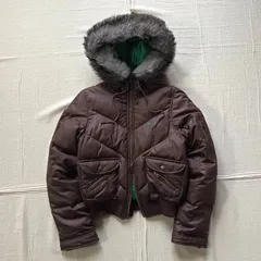 00s　archive　アーカイブ　Abercrombie&Fitch　アバクロ　Wジップアップ　短丈ダウンジャケット　ファー付き忍者フード　ロゴ刺繍　複数ポケット　袖口スナップボタン　M　茶色　Y2K　平成ギャル　グランジ　w-zip down jacket