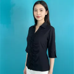 1529 ナラカミーチェ I 黒 ストレッチフリルブラウス 7分袖シャツ　ブラック