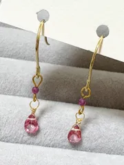 小ぶり　K18メッキ　宝石質ピンクトパーズAAA  ルビーAA+ ワイヤー巻きピアス　天然石　つけっぱなし