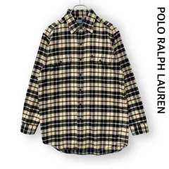 ラルフローレン POLORALPHLAUREN 長袖ネルシャツ チェック柄 フラップポケット ポニー刺繍 Mサイズ アイボリー 黒 ブラック メンズ