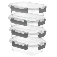 耐熱ガラス 密閉 保存容器 640ml 4個セット ガラスタッパー 電子レンジ オーブン対応 作り置き 冷凍 蓋付き BPAフリー 長方形