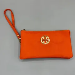 美品　TORY BURCH トリーバーチ　化粧ポーチ　コスメ　マルチポーチ　3層　小物入れ　収納　ロゴ　ゴールド金具　ナイロン　オレンジ