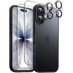 JETech 5 in 1 iPhone 17 6.3インチ用 マットケース 2枚強化ガラスフィルム+2枚カメラレンズフィルム付き 半透明背面 耐衝撃スマホカバー (ブラック)